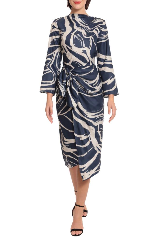 DONNA MORGAN FOR MAGGY Tie Waist High Neck Long Sleeve Midi Dress in Navy/Beige Cover