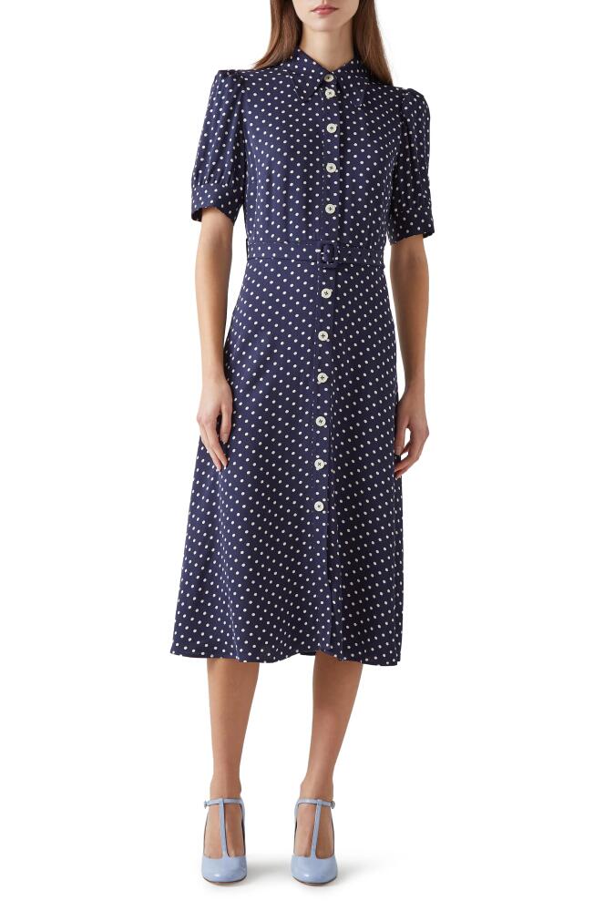 LK Bennett Valerie Spot Midi Shirtdress in Navy Cover