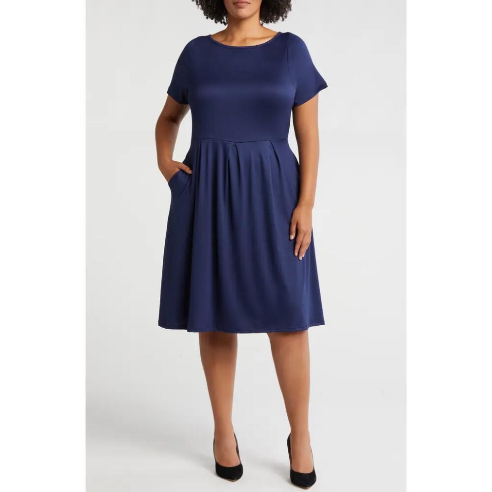 24seven Comfort Apparel Stretch A-Line Midi Dress in Navy Cover