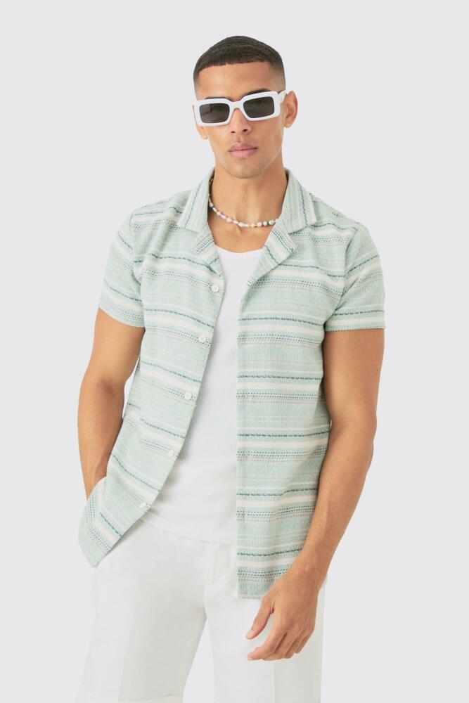 boohoo Mens Short Sleeve Textured Stripe Shirt - Green Cover