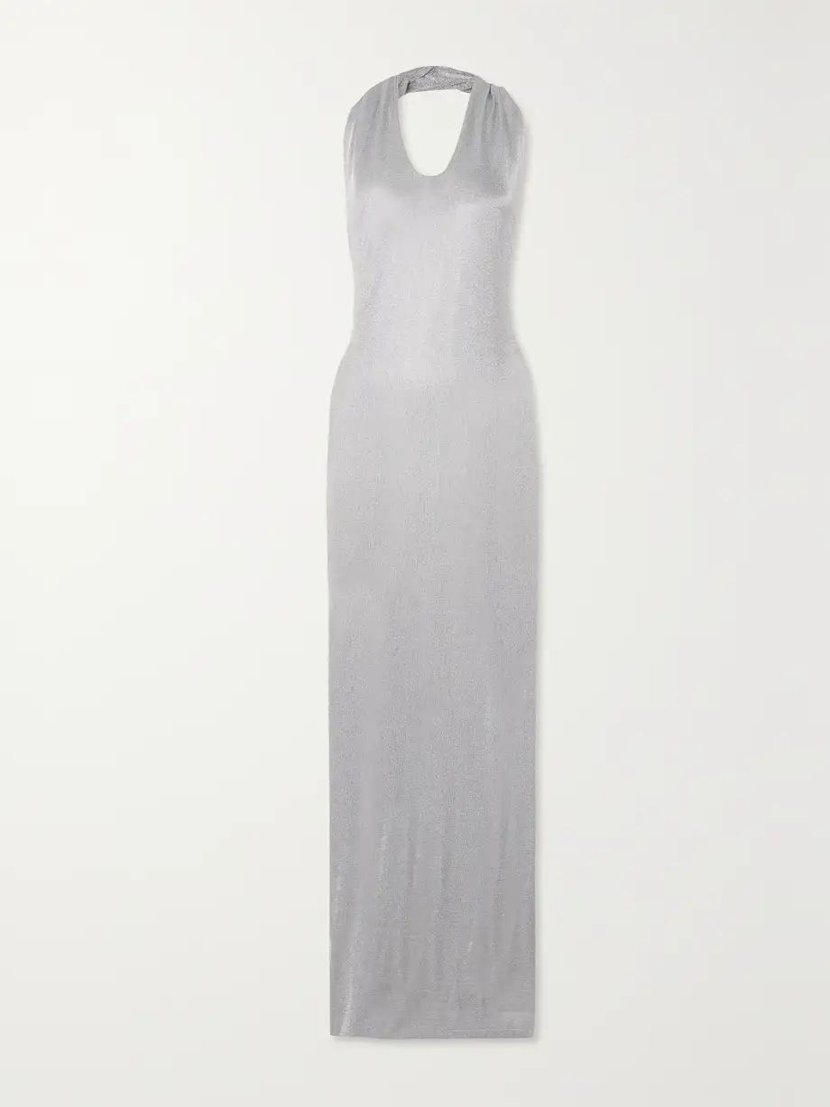 TOVE - Malaika Metallic Knitted Halterneck Maxi Dress - Silver Cover