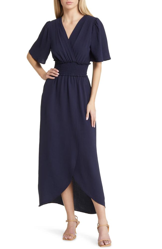 Fraiche by J Smocked Flutter Sleeve Tulip Hem Maxi Dress in Navy Cover