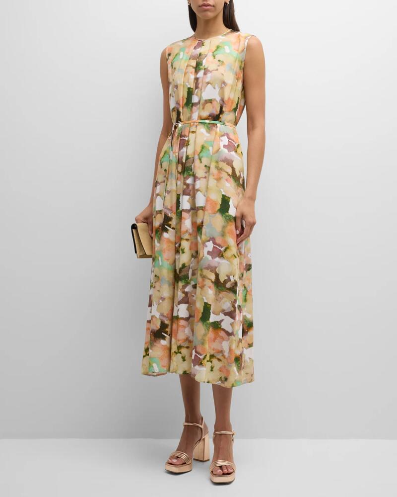 Misook Pleated Sleeveless Watercolor-Print Midi Dress Cover