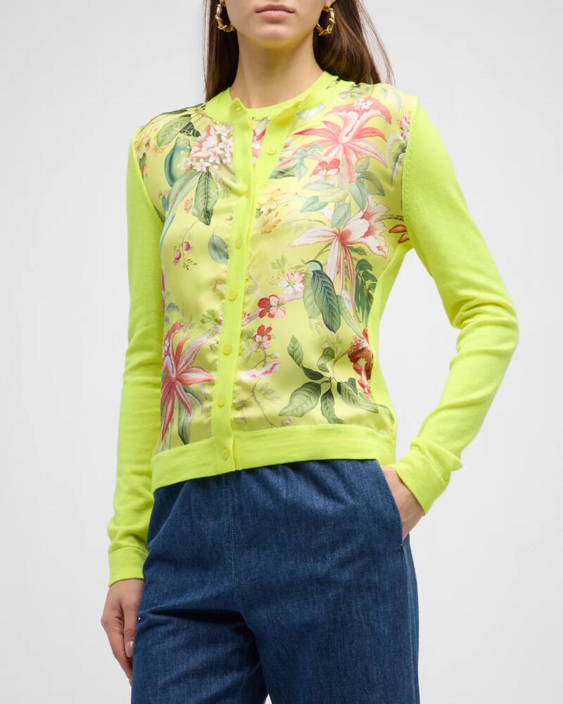 Oscar de la Renta Floral And Fauna Satin Inset Crewneck Cardigan Cover