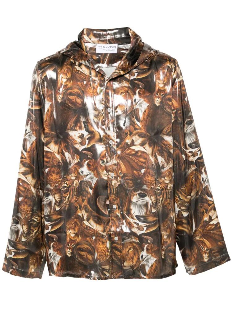 Acne Studios graphic-print hooded lightweight jacket - Brown Cover