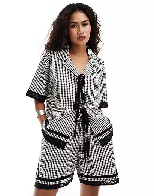 Reclaimed Vintage tie front shirt with bows in black and white gingham-Multi Cover