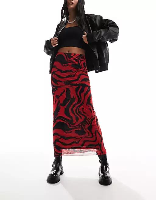 Only mesh maxi skirt in red and black swirl Cover