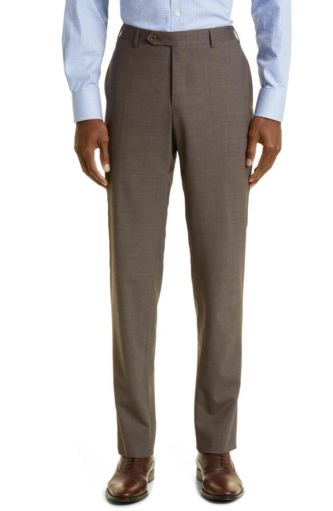 Canali Flat Front Classic Fit Solid Stretch Wool Dress Pants in Brown Cover