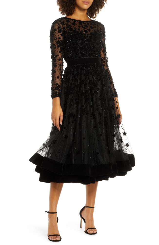 Mac Duggal Long Sleeve Fit & Flare Velvet Embellished Cocktail Dress in Black Cover