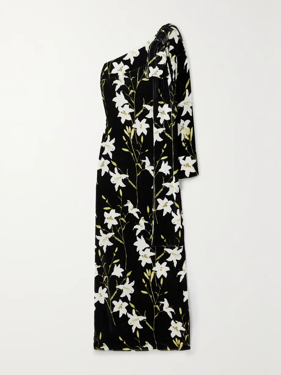 BERNADETTE - Nel Bow-detailed One-sleeve Floral-print Velvet Gown - Black Cover