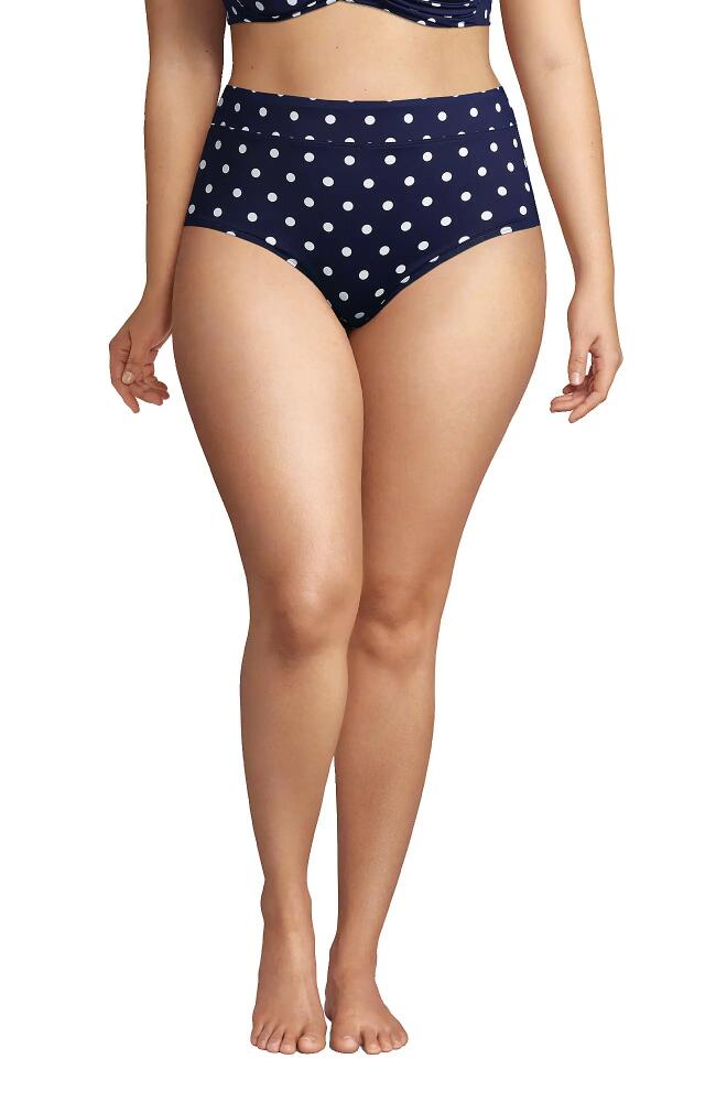 Lands' End Plus Size Tummy Control High Waisted Bikini Swim Bottoms in Deep Sea Polka Dot Cover