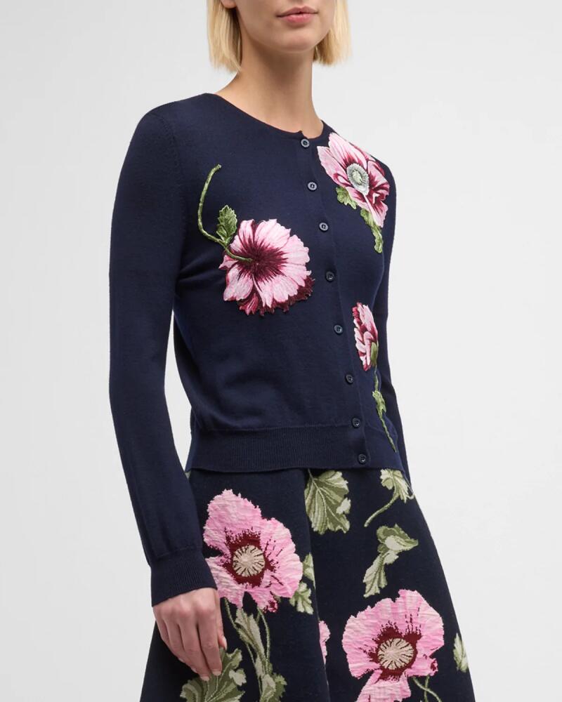 Oscar de la Renta Wool Knit Cardigan with Threadwork Embroidered Poppies Cover