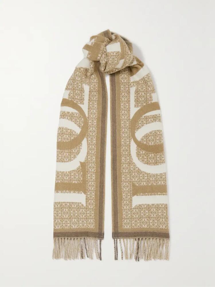 Loewe - Love Fringed Wool And Cashmere-blend Jacquard Scarf - Neutrals Cover