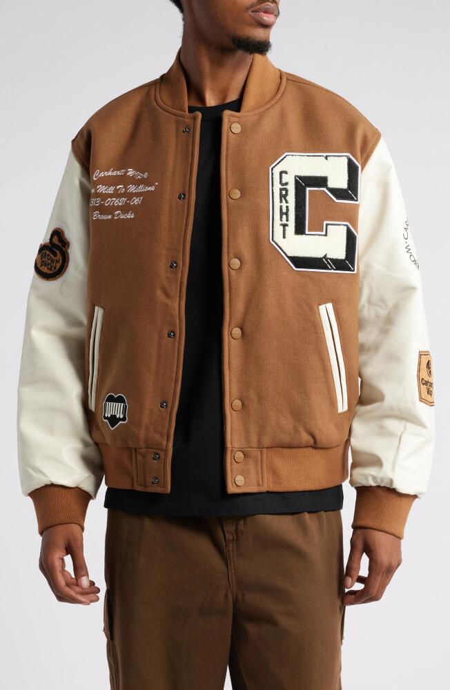 Carhartt Work In Progress Brown Ducks Mixed Media Bomber Jacket in Hamilton Brown /Wax Cover