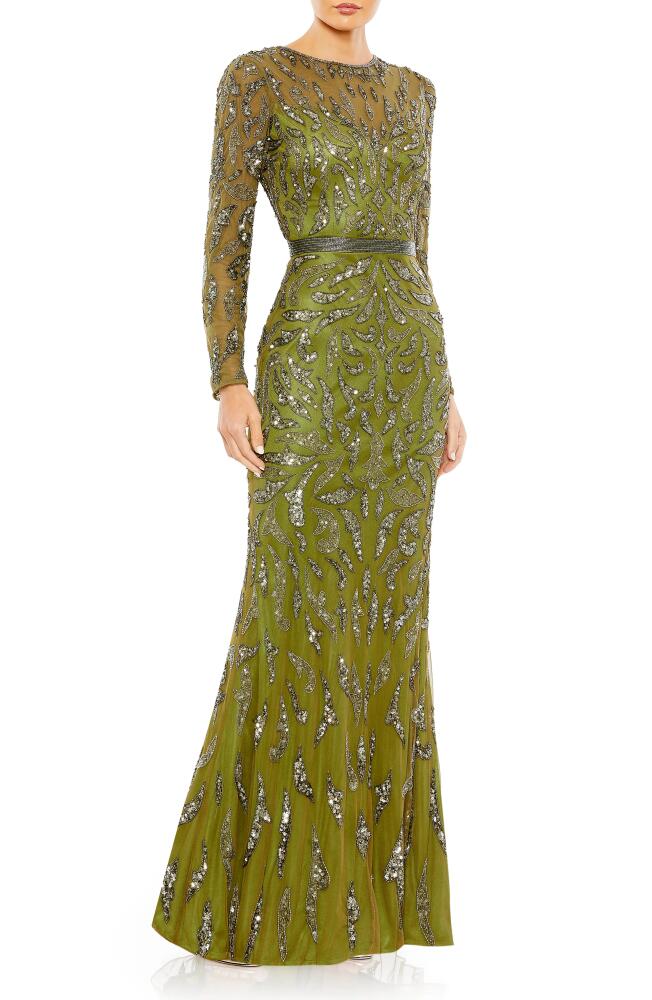 Mac Duggal Beaded Long Sleeve Gown in Olive Cover