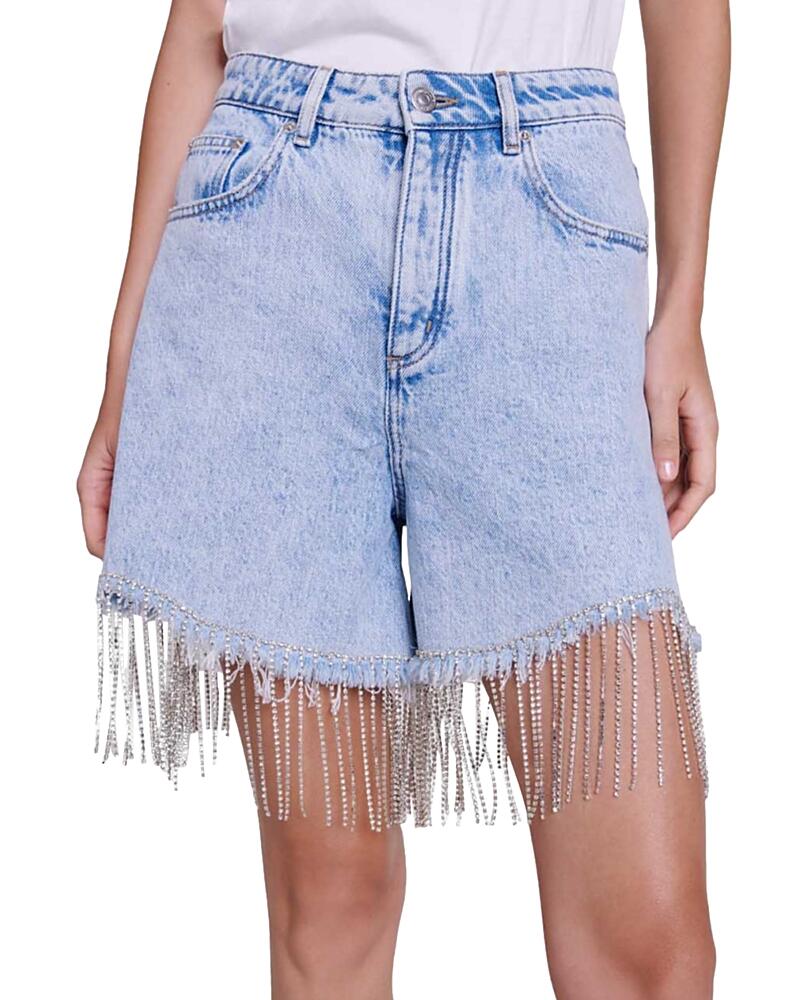 Maje Ioza Rhinestone Fringe Jeans Shorts in Light Blue Cover