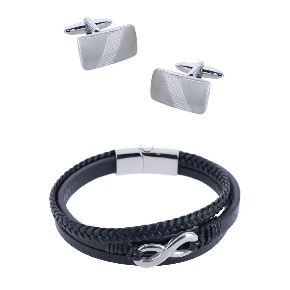 Trafalgar Diagonal Rhodium Cufflinks & Infinity Triple Band Leather Bracelet in Silver Cover