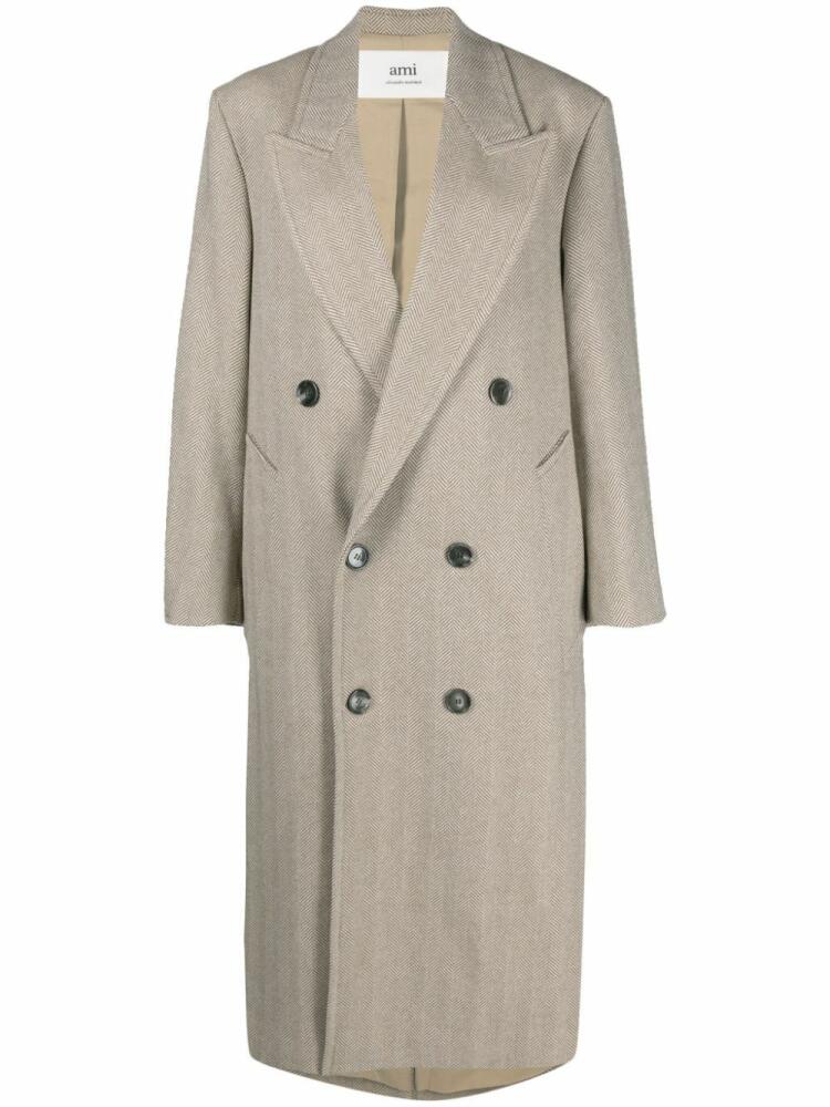 AMI Paris double-breasted herringboned long coat - Neutrals Cover