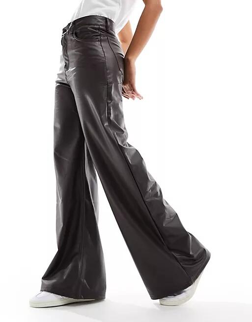 Pull & Bear faux leather high rise wide leg pants in dark brown Cover