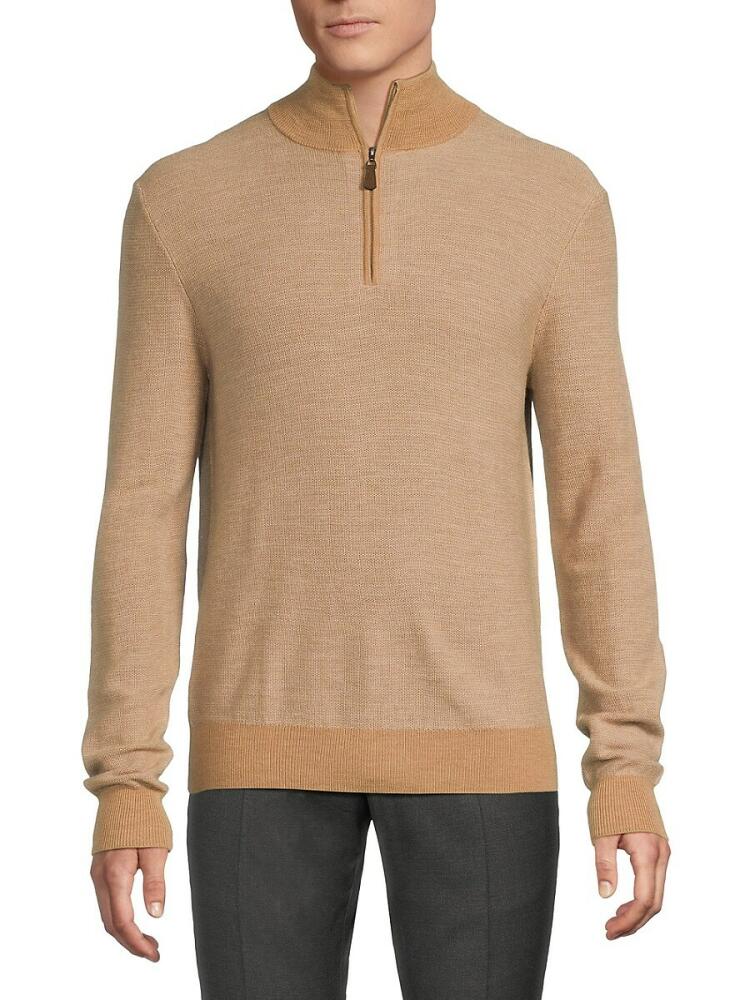 Bruno Magli Men's Classic Fit Striped Merino Wool Quarter Zip Sweater - Tan Cover