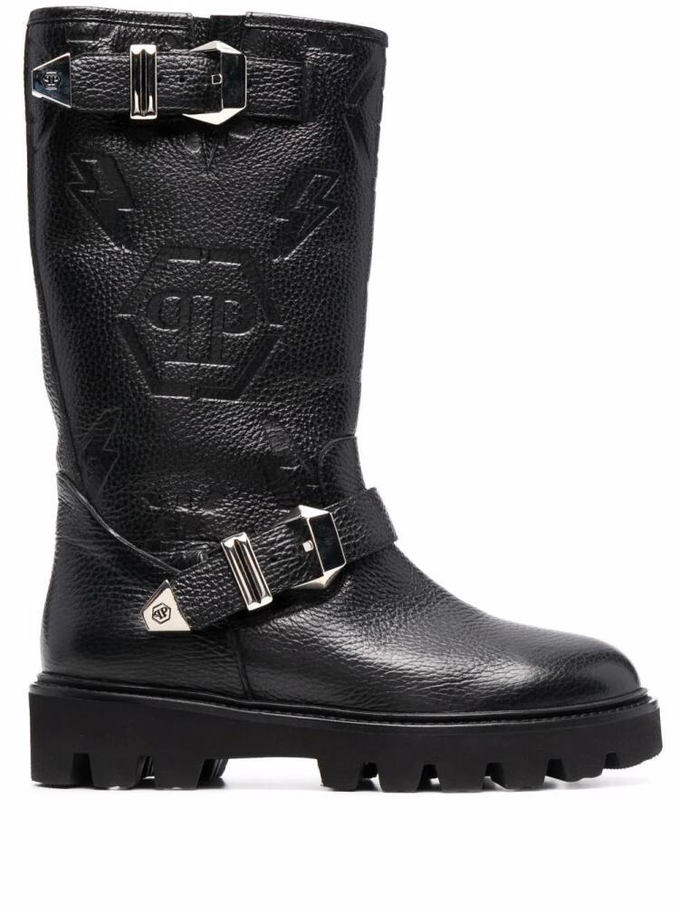 Philipp Plein Biker monogram-debossed leather boots - Black Cover