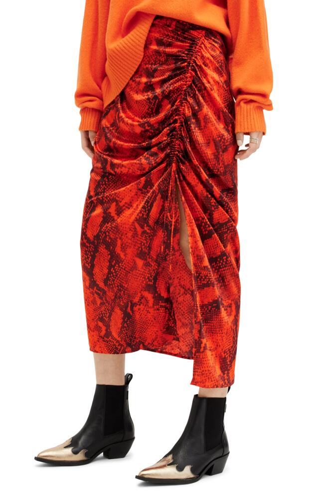 AllSaints Carla Tahoe Snake Print Ruched Satin Midi Skirt in Zesty Orange Cover