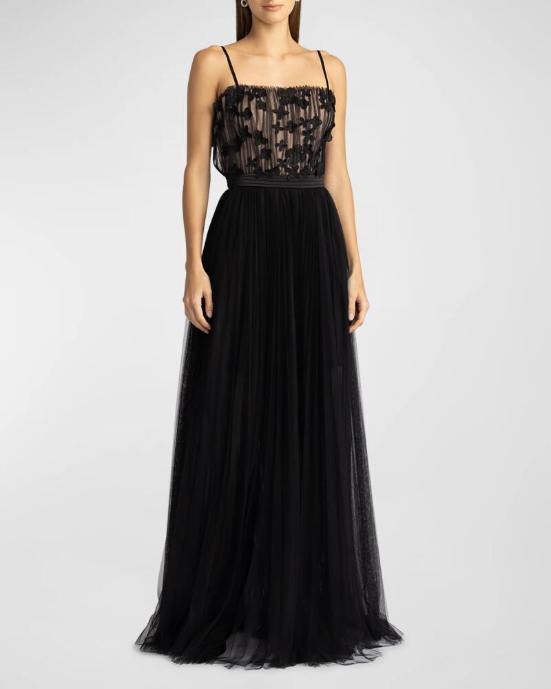 Zac Posen Floral Applique Pleated Tulle Gown Cover