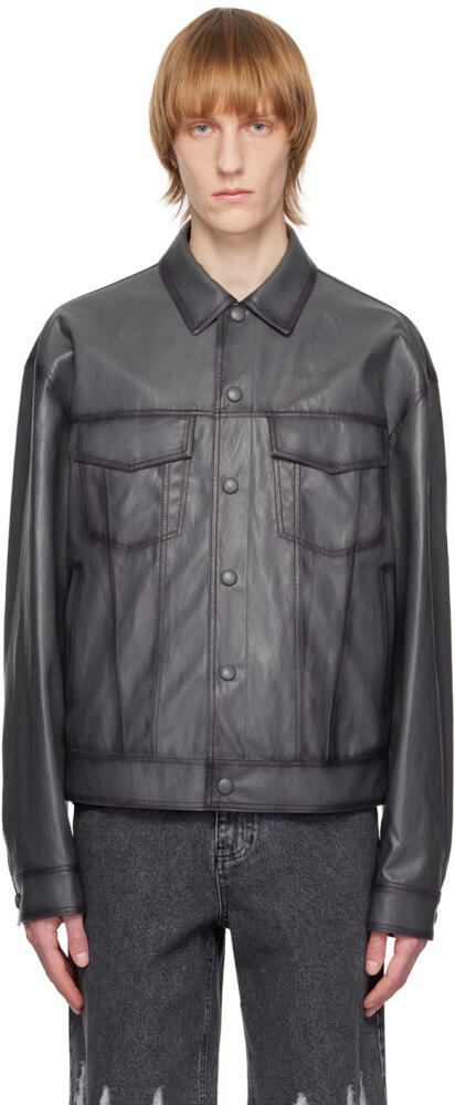 System Gray Spread Collar Faux-Leather Jacket Cover