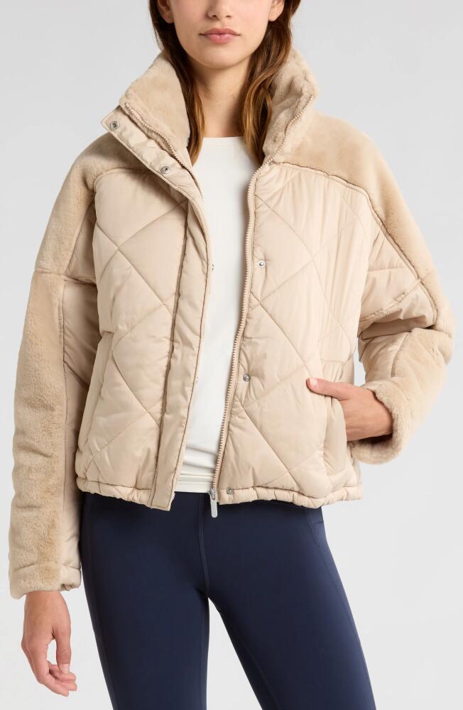 Zella Faux Fur Mixed Media Quilted Jacket in Tan Oxford Cover