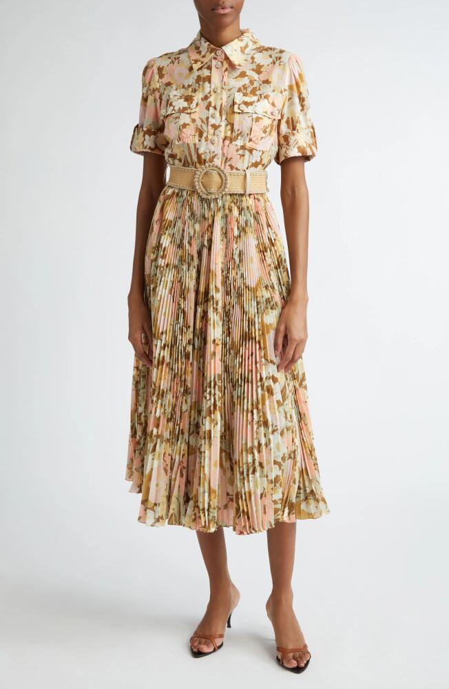 Zimmermann Pop Pleated Midi Shirtdress in Gold/Peach Floral Cover