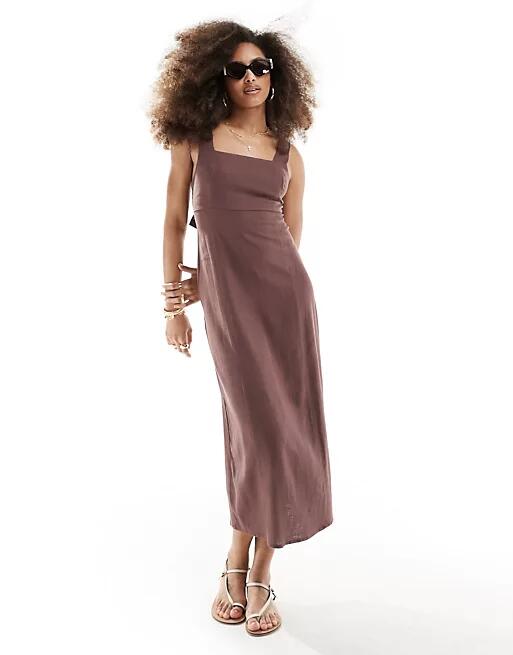 ASOS DESIGN square neck tie back linen midi sundress in chocolate brown Cover