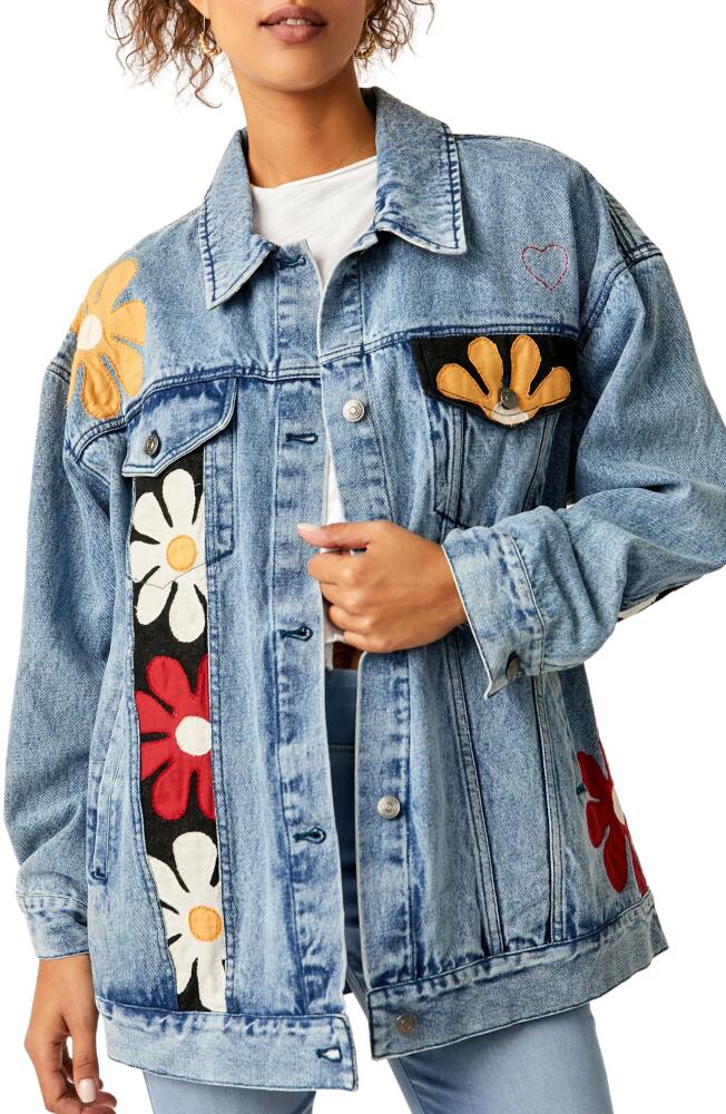 Free People Annie's Flower Bomb Oversize Patchwork Denim Jacket in Denim Medium Blue Cover