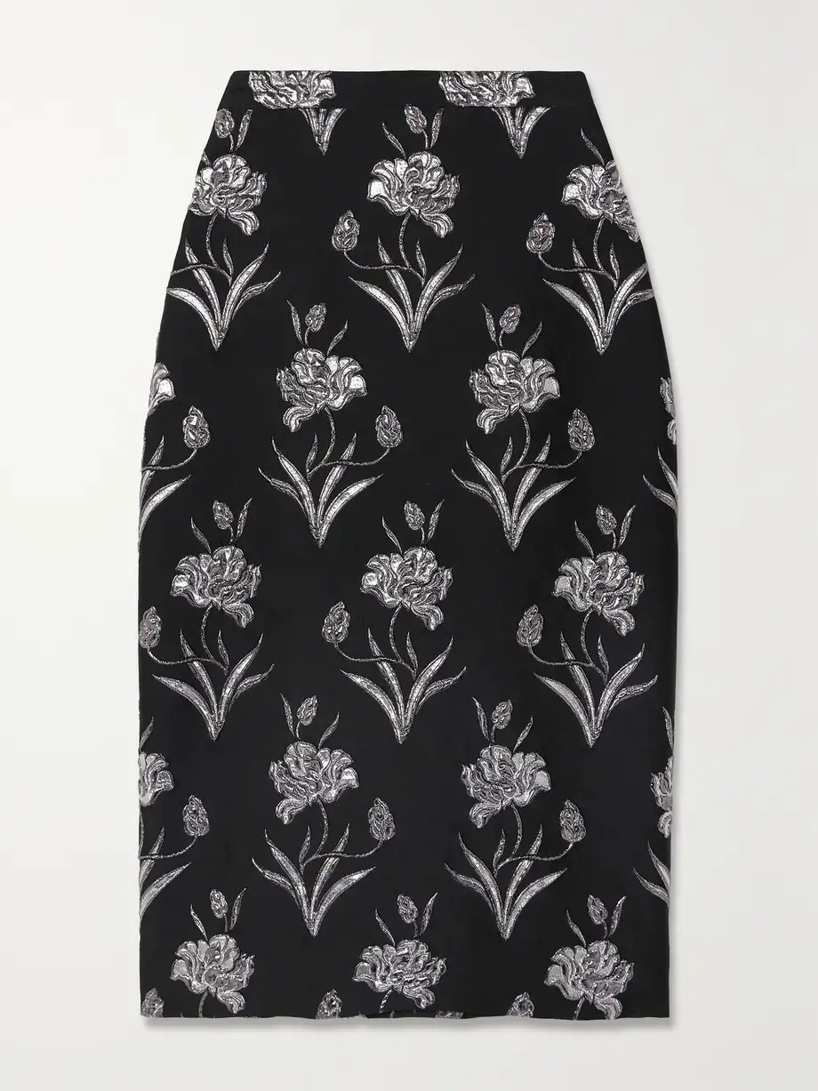 Erdem - Maria Metallic Floral-jacquard Midi Skirt - Black Cover