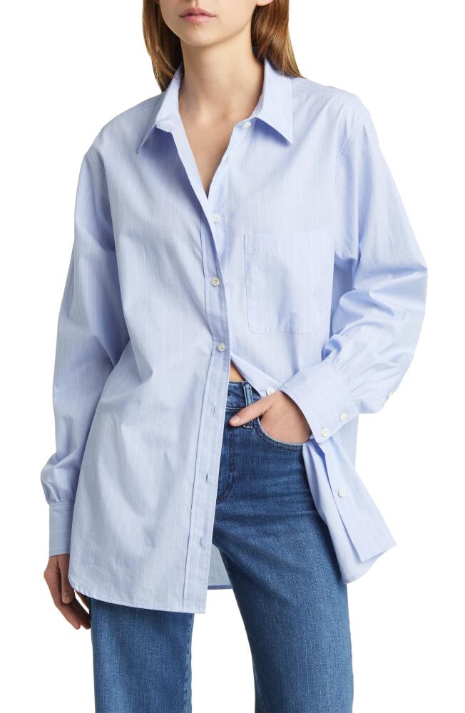 FRAME Pinstripe Oversize Cotton Button-Up Shirt in Chambray Blue Cover