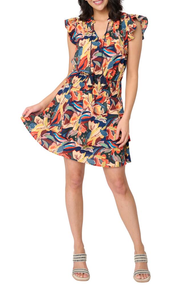 GIBSONLOOK Isla Floral Smocked Waist Flutter Sleeve Minidress in Abstract Painterly Floral Cover