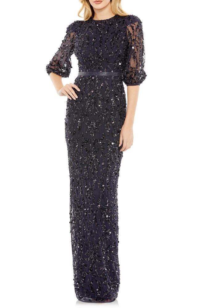 Mac Duggal Sequin Sheer Sleeve Sheath Gown in Midnight Cover