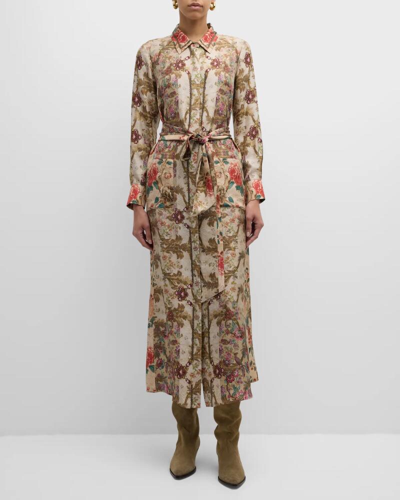 Pierre-Louis Mascia Colorblock Floral-Print Silk Midi Shirtdress Cover