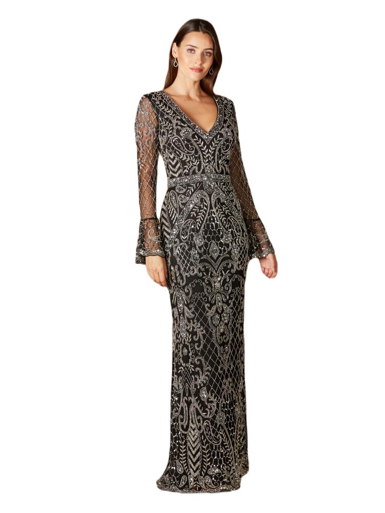 LARA New York Long Bell Sleeve V-Neck Beaded Gown in Blacksilver Cover