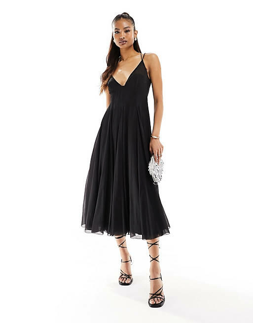 ASOS DESIGN cami strappy midi skater dress with flares in black Cover