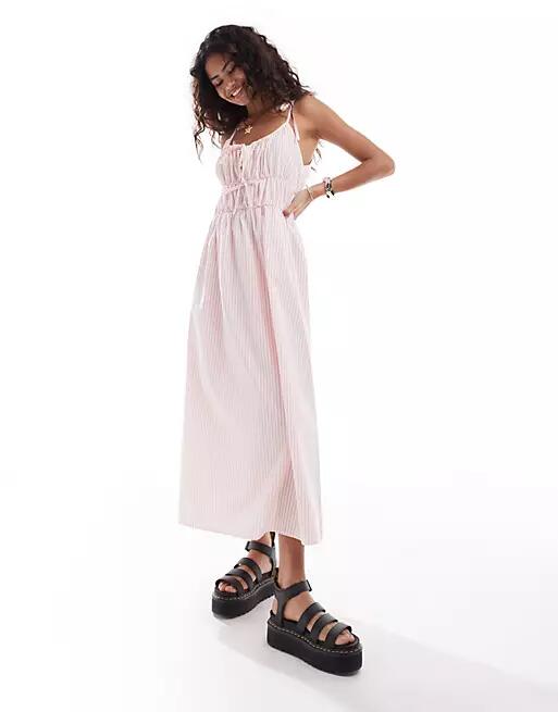 Reclaimed Vintage tie front maxi summer dress in pink stripe Cover