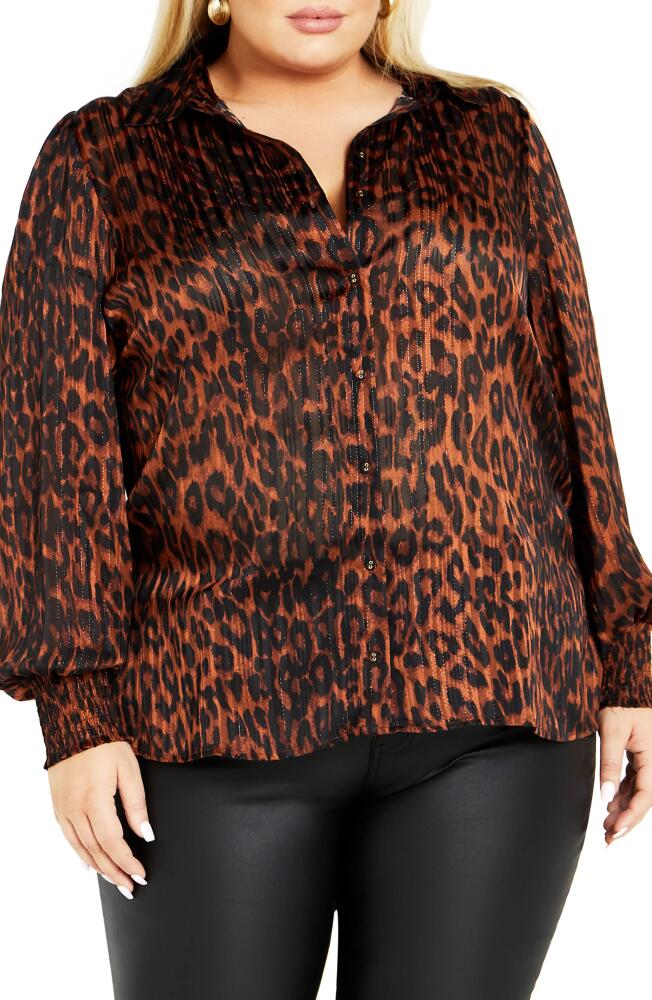 City Chic Madelyn Metallic Button-Up Shirt in Leopard Cover