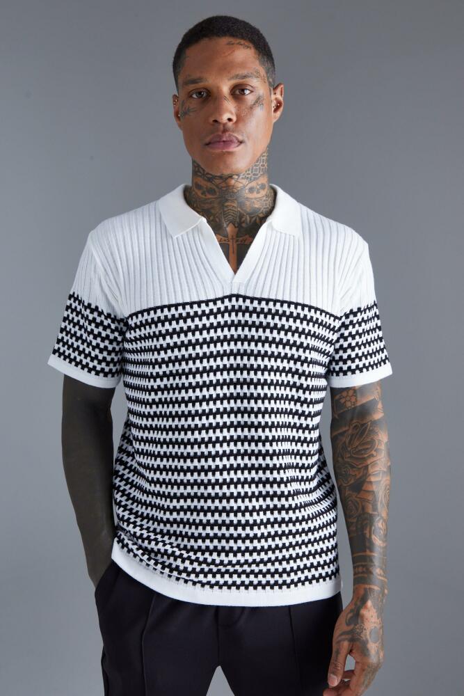 boohoo Mens V Neck Striped Knitted Polo - White Cover