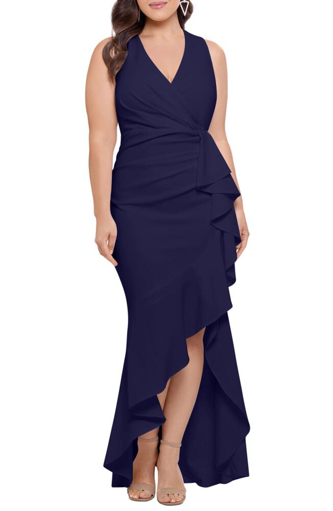 Betsy & Adam Sleeveless High-Low Ruffle Gown in Navy Cover