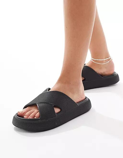 ASOS DESIGN Forever cross-strap chunky sliders in black Cover