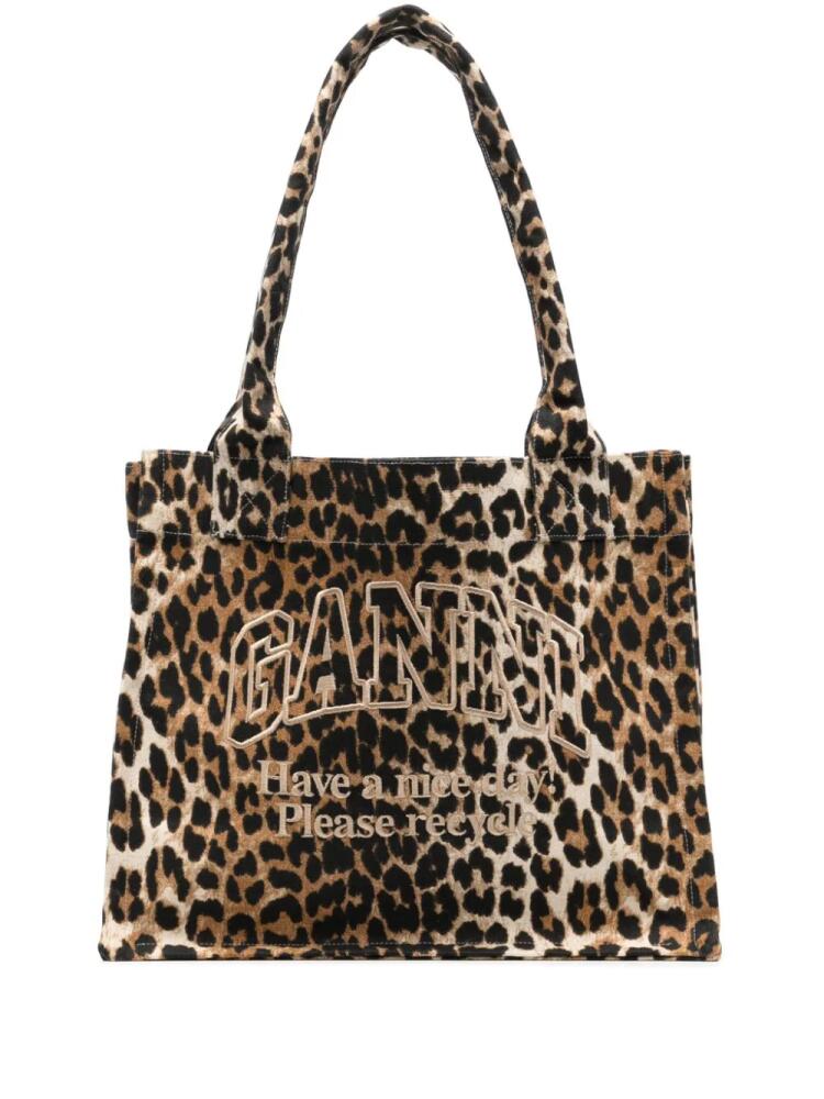 GANNI large leopard-print canvas tote bag - Brown Cover