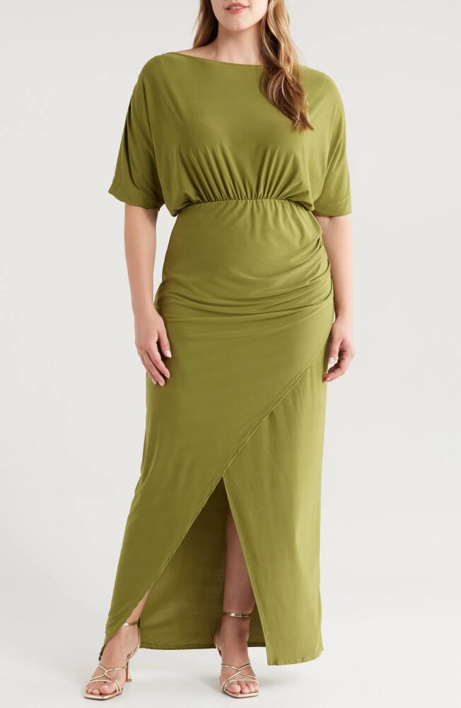 24seven Comfort Apparel Batwing Sleeve Front Slit Jersey Dress in Avocado Cover