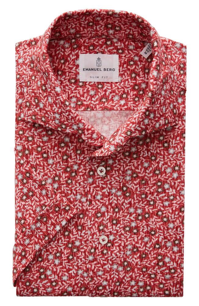 Emanuel Berg Floral Short Sleeve Knit Button-Up Shirt in Medium Red Cover