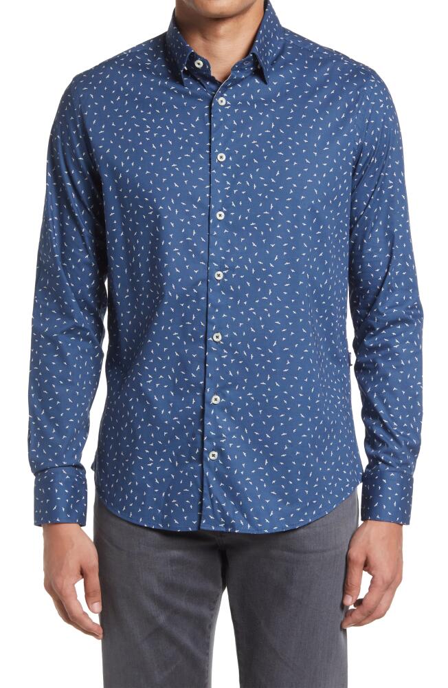 Stone Rose Bird Print Trim Fit Stretch Cotton Button-Up Shirt in Navy Cover