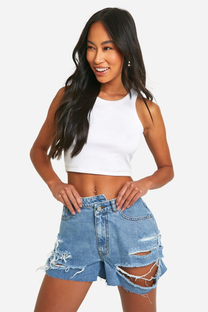 boohoo Womens Extreme Distressed Asymmetric Waistband Jean Shorts - Blue Cover