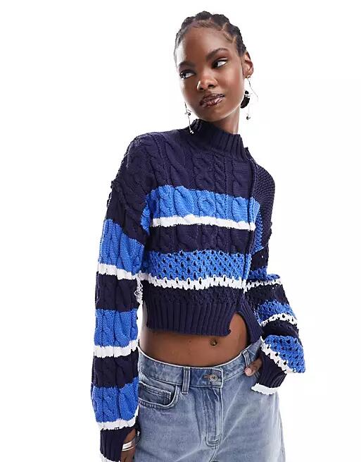 ASOS DESIGN crop sweater in mixed stitch with split details in blue stripe-Navy Cover